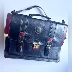 Vintage Black Leather Briefcase Burgundy Trim Business Bag